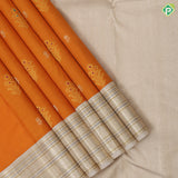 Fanta orange gold zari meena work flower bunch butta creamy sandal silver gold zari meena work border traditional silk saree