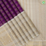 Purple silver gold zari floral designed checks milk white gold zari elephant floral rangoli design border bridal silk saree