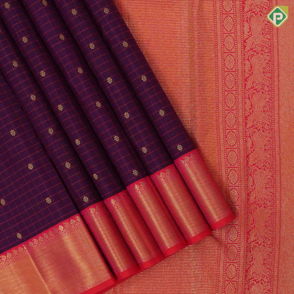 Purple rani pink pattu kattam rudraksham butta motifs rani pink gold zari banaras border traditional silk saree