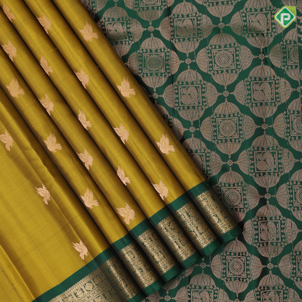 Olive Yellow Gold Zari Peacock Butta Design Green Colour Traditional Style Border Design Pure Mix Silk Saree