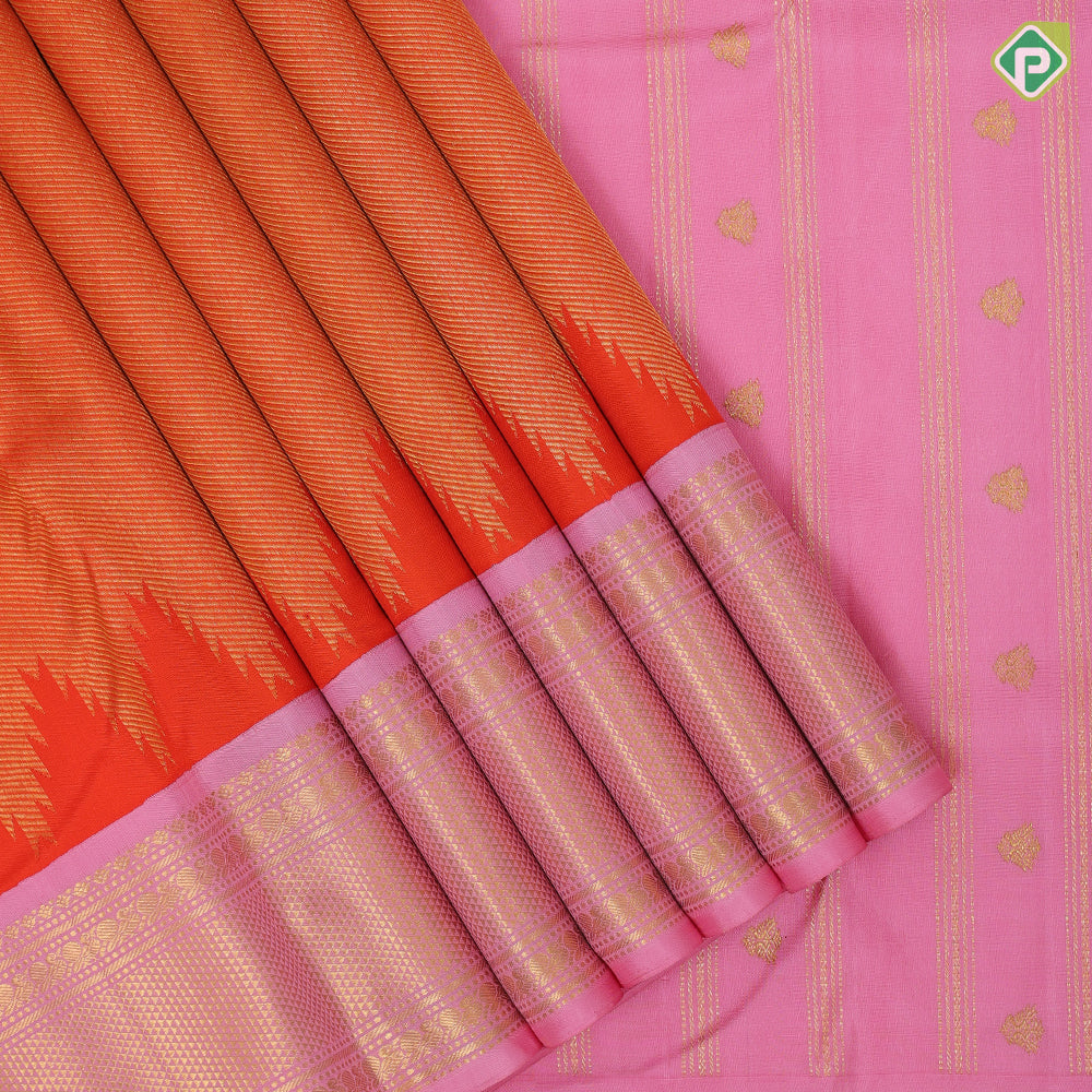 tomato red base gold zari by zari tissue weave temple design candy pink gold zari mayikan border fusion silk saree