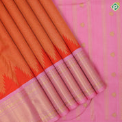 tomato red base gold zari by zari tissue weave temple design candy pink gold zari mayikan border fusion silk saree