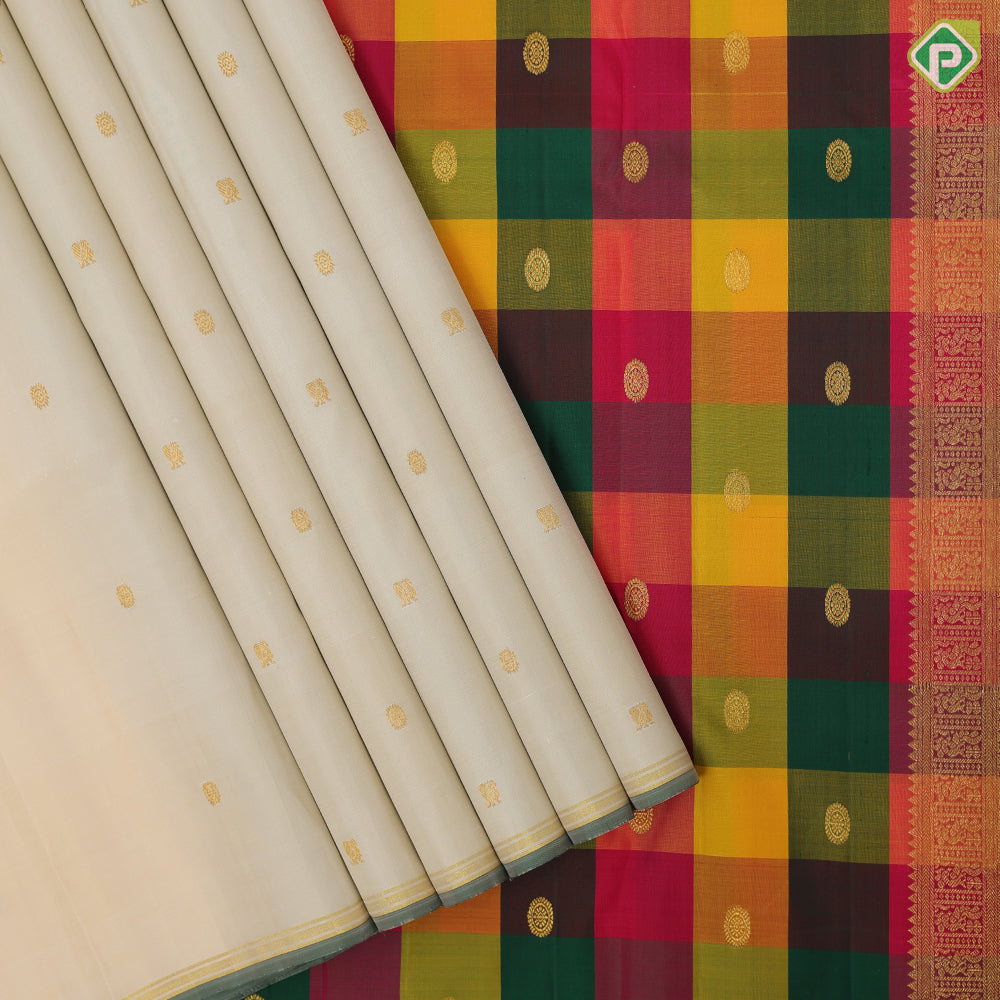 Milk white gold zari Annam chakkaram butta motifs gold zari edge border paalum pazhamum traditional silk saree