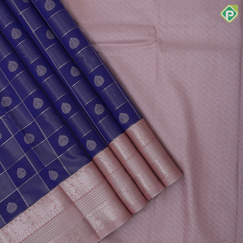 Royal blue gold zari window panel and thilagam design peach pink neem zari rettapet border art silk saree