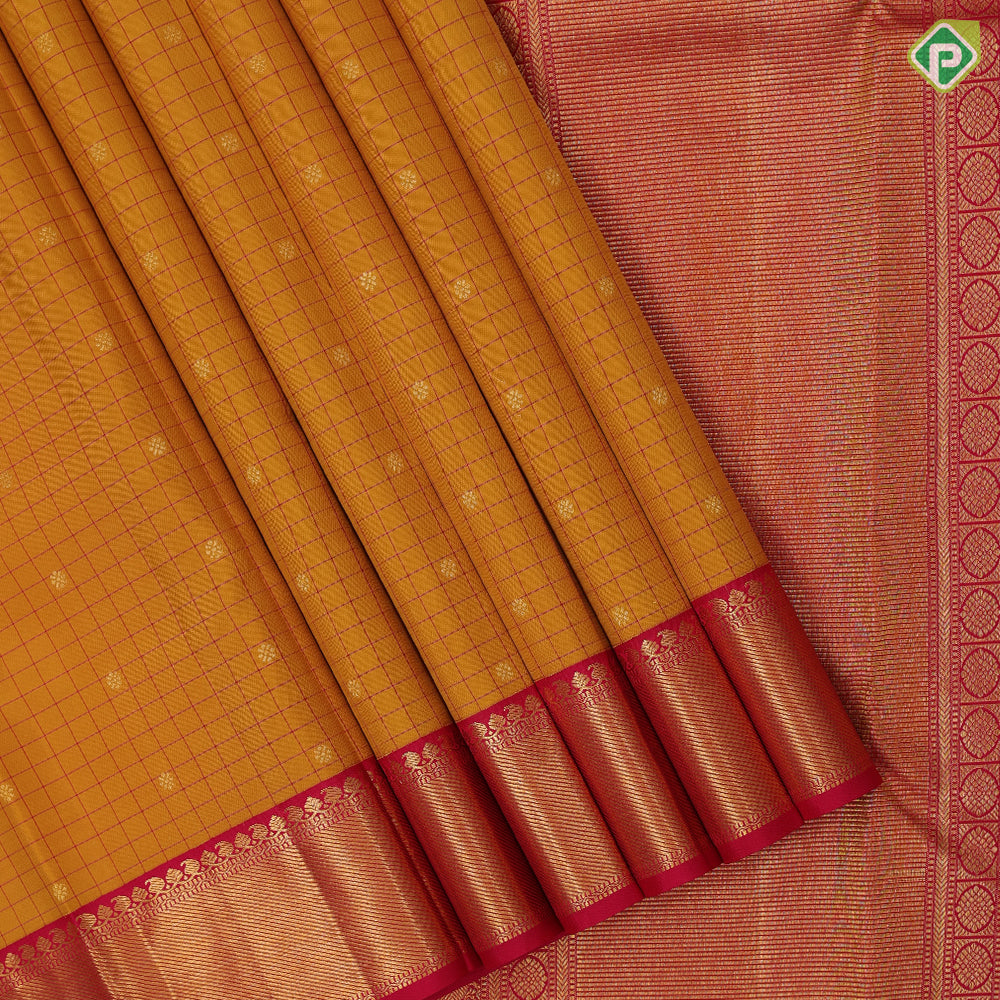 Mustard yellow silk checks star butta motifs design rani pink gold zari border traditional silk saree