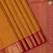 Mustard yellow silk checks star butta motifs design rani pink gold zari border traditional silk saree