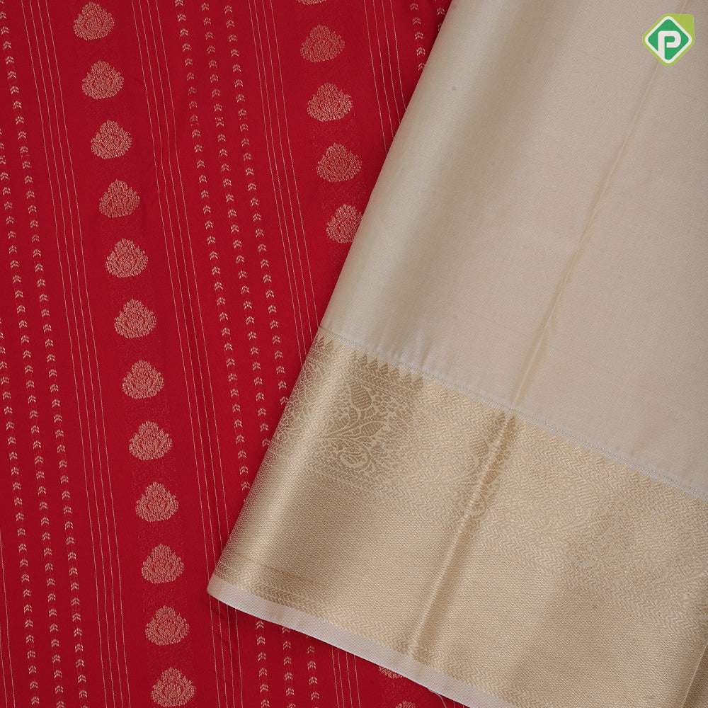 Rani red gold zari Stripes Thilagam stripes design sandal gold zari rangoli design border art silk saree