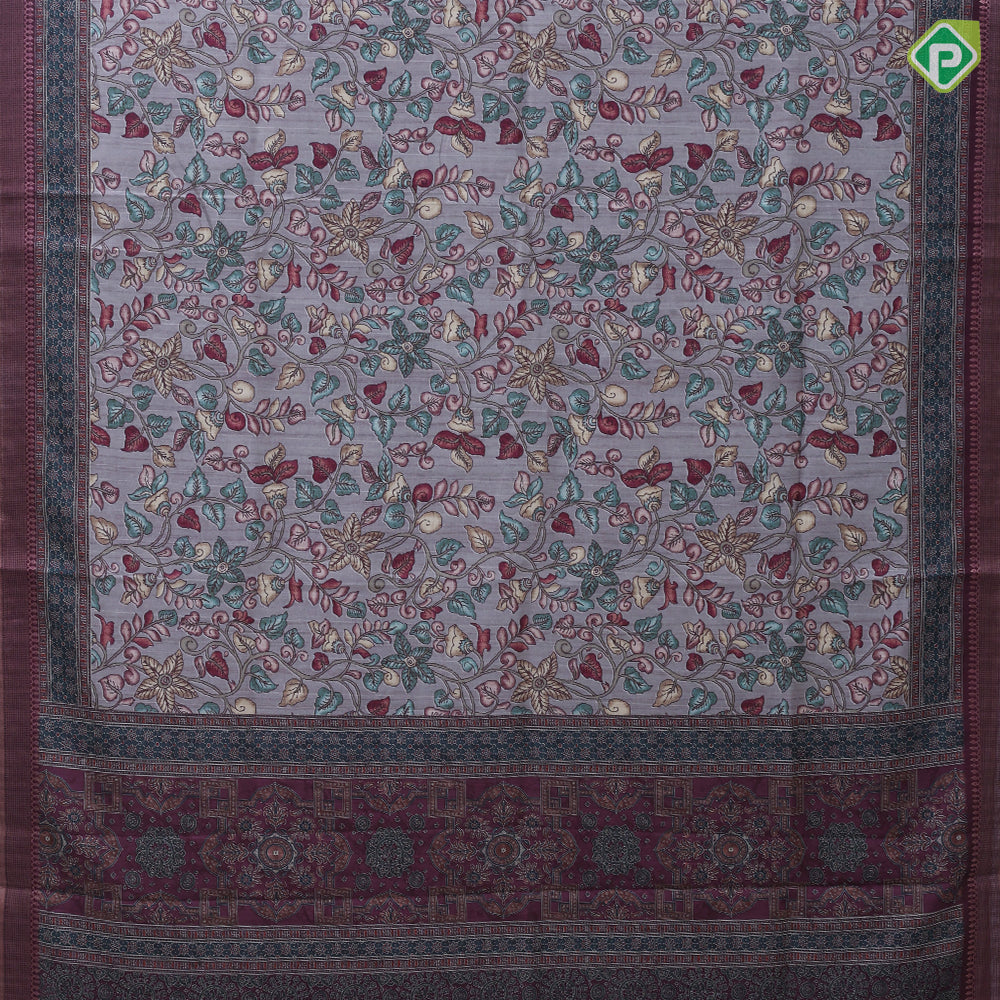 Multi color kalamkari style digital printed design double design border semi tusser saree