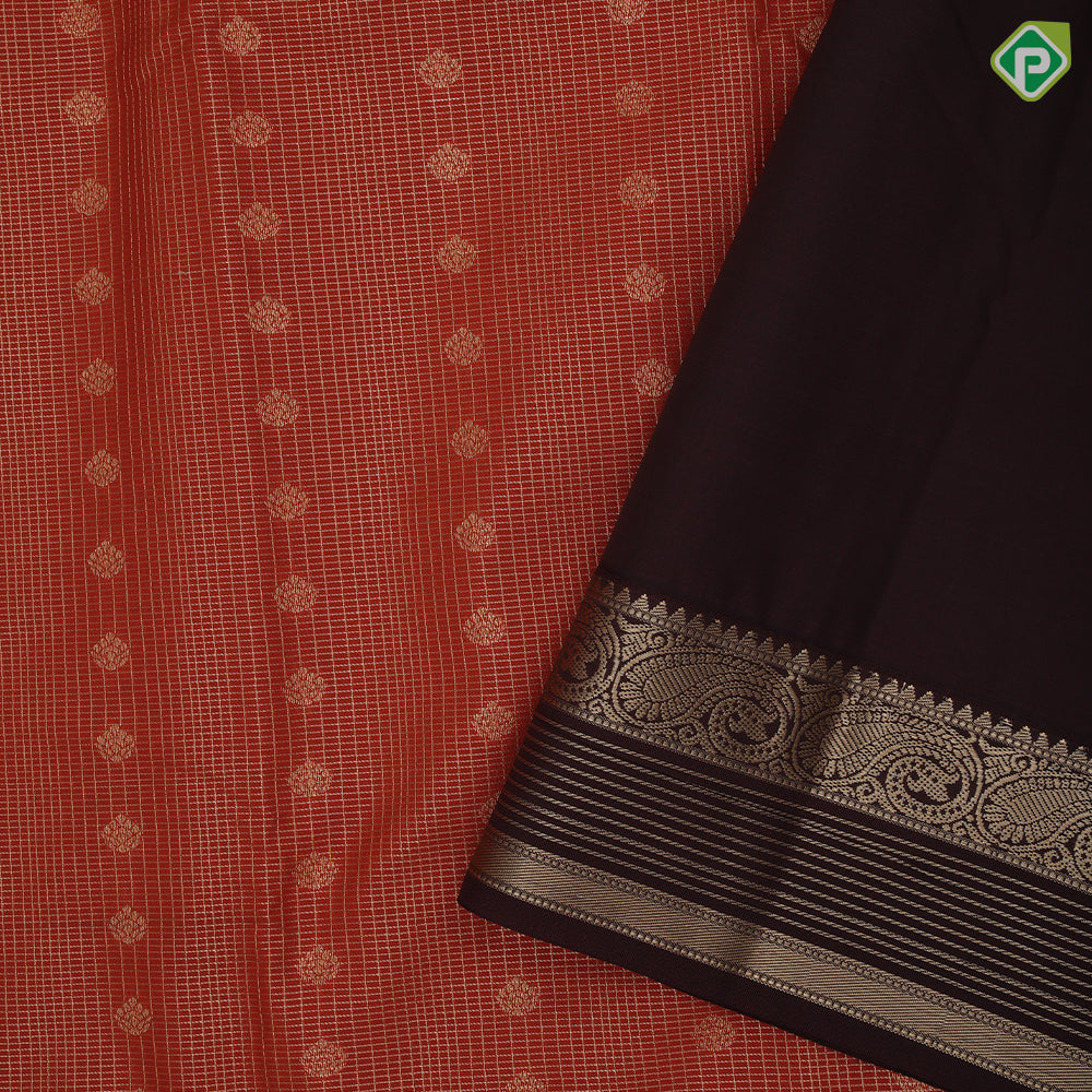 Rust Orange gold zari checks and flower butta design brown gold zari fancy mango butta border art silk saree