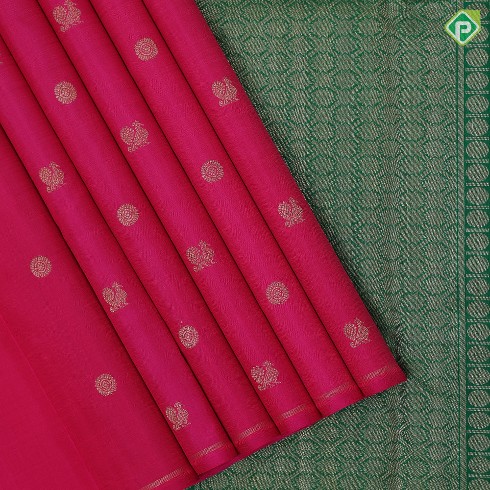 Dark pink gold zari Annam Chakkaram butta motifs design borderless contemporary vintage silk saree
