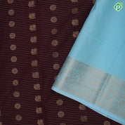 Chocolate brown gold zari peacock chakkaram butta stripes sky blue gold zari mango butta border art silk saree
