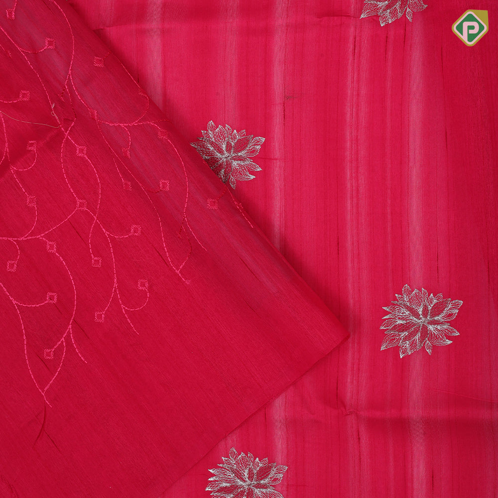 Raspberry pink silver zari fancy flower butta self color big floral embroidered border trending fancy saree