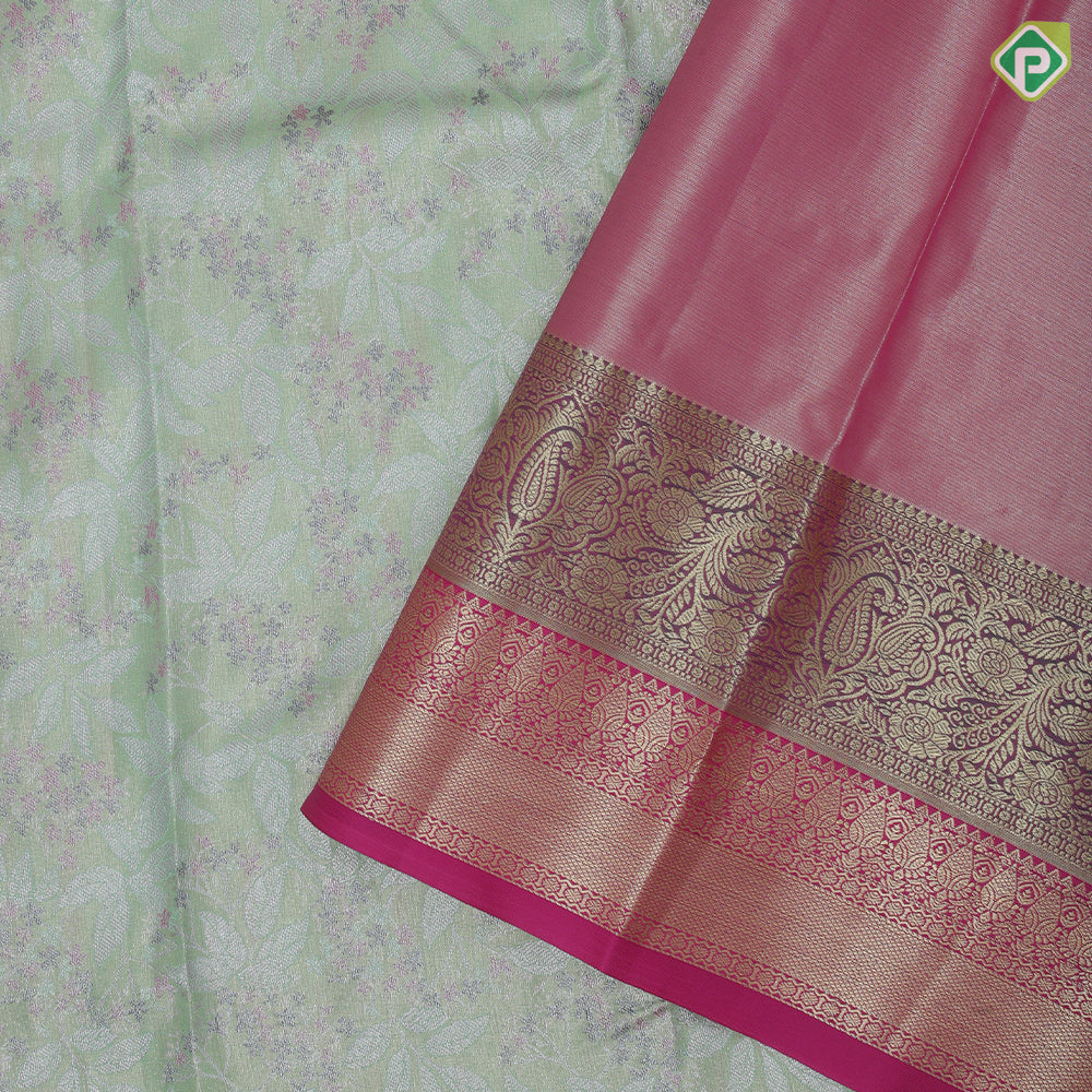 Pista green silver zari and multi color floral design contrast double color center border tissue art silk saree