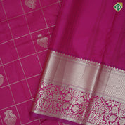 Rani pink gold zari double peacock deer round butta self gold zari flower and diamond border art silk saree