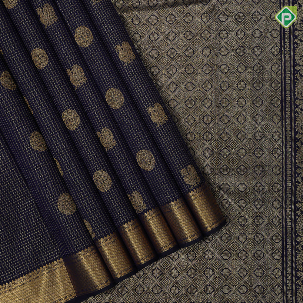 navy Blue gold zari vairaoosi peacock chakkaram self gold zari diamond edge border traditional silk saree