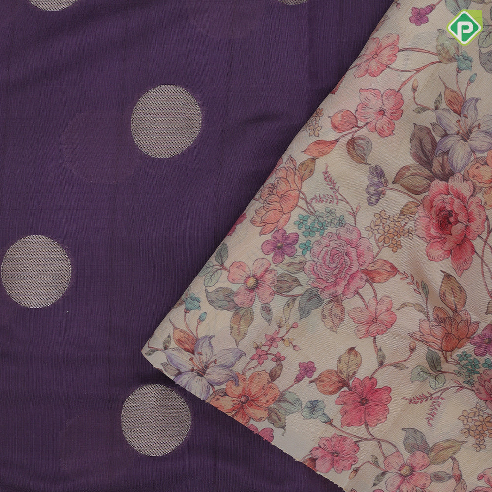 Peach Based Colour Small Coin Design Contrast Peacock Flower Border Fancy Cotton Saree