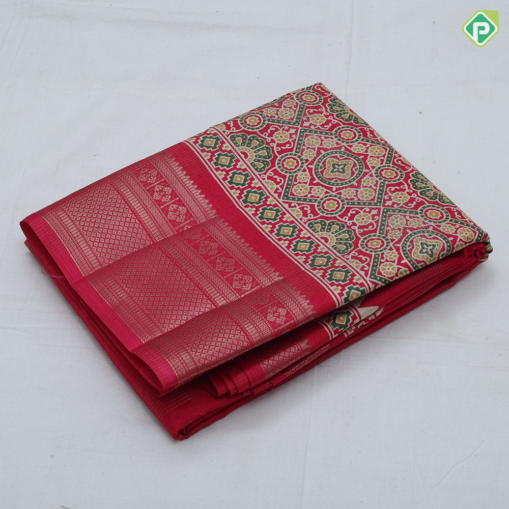 Dark color gold zari groped lined rangoli design padded self gold zari border fancy cotton saree
