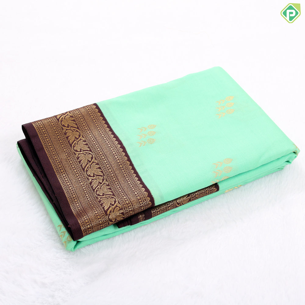 Spring green gold zari butta design contrast brown rangoli border gift saree