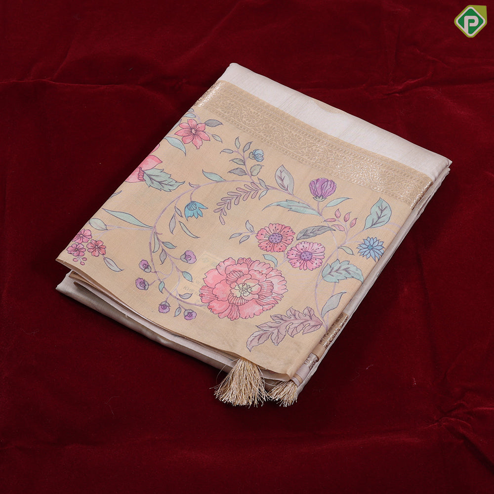 cream with gold zari round butta design baby pink multi colour floral border semi tusser saree