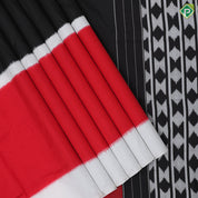 Tricolor three part body design white plain border black pallu concept ikkat design silk saree
