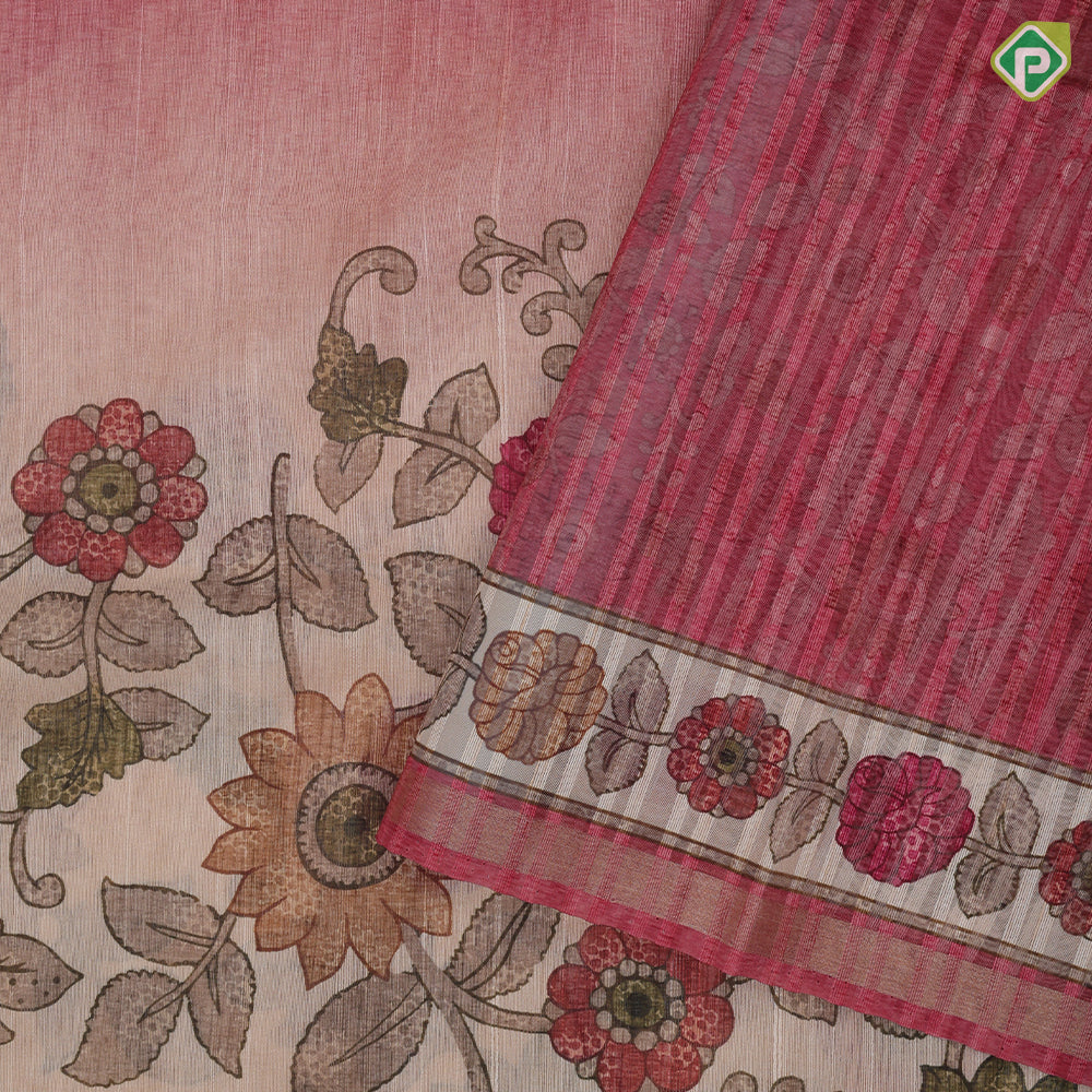 Peach Red Based Flower Floral Design Contrast Border Fancy Cotton Saree