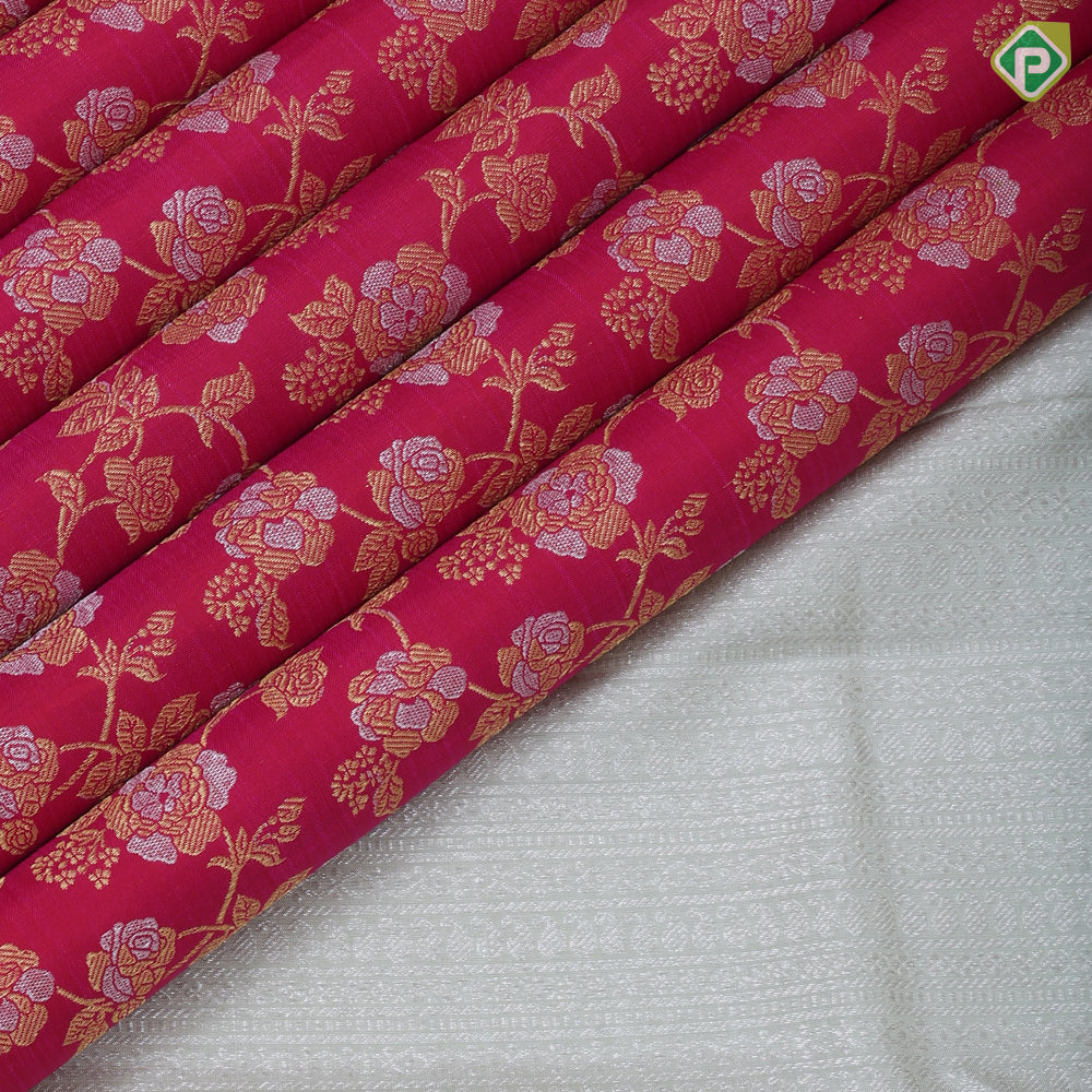 Rani Pink Gold Silver Zari Floral Design Half and Half Border Less Trendy Dsigner Silk Saree