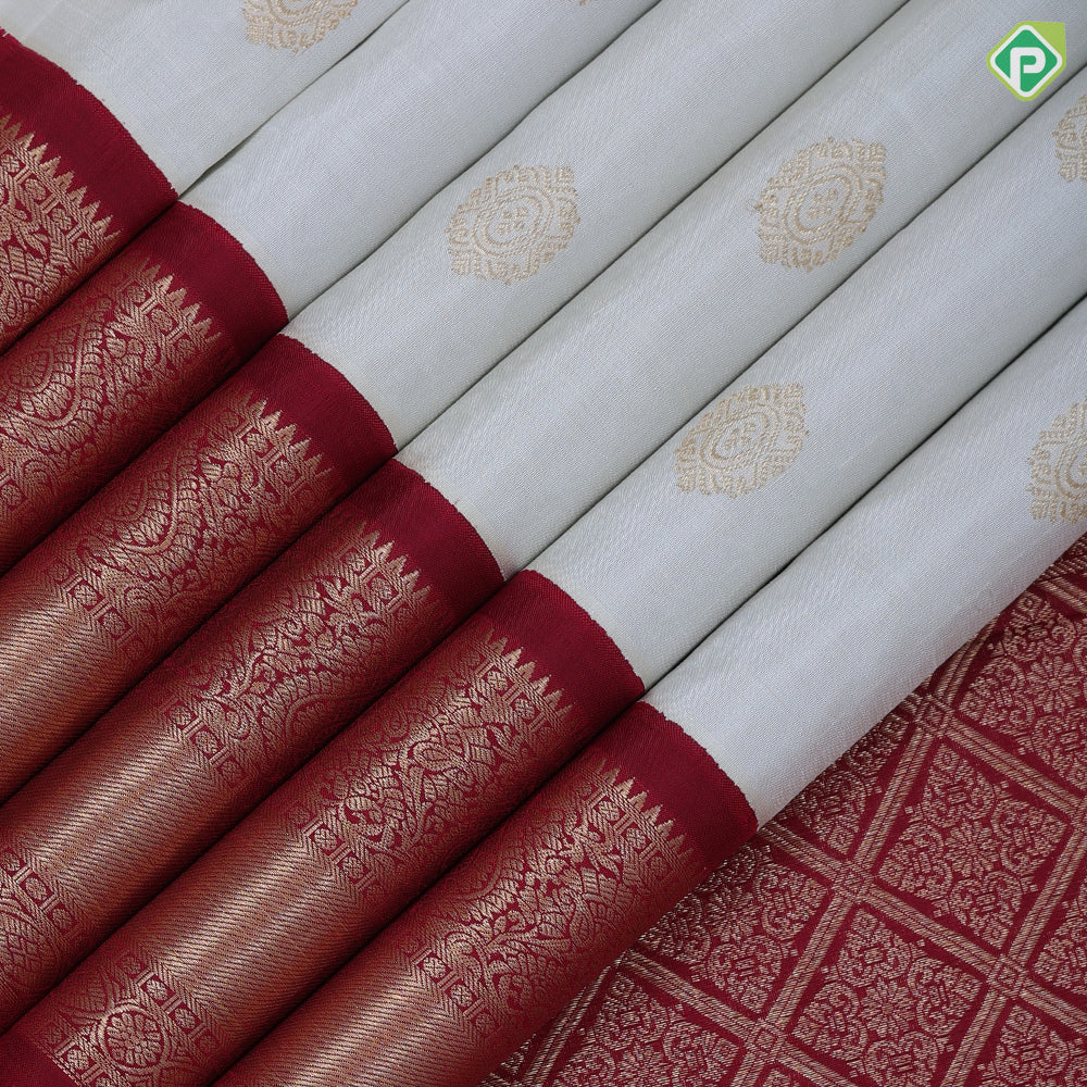 Milk white gold zari over round butta design maroon with gold zari thilagam design border traditional retro silk saree