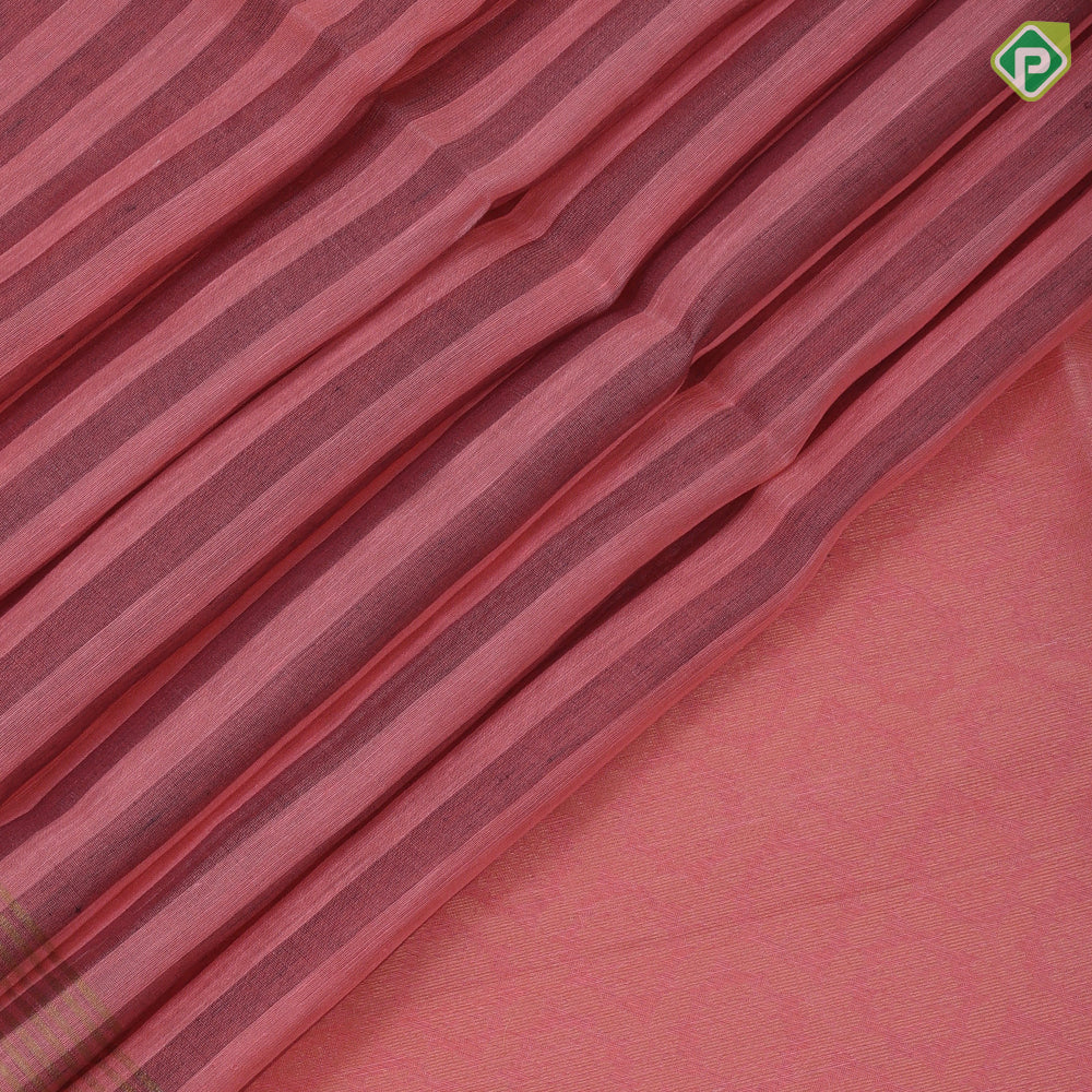 Peach pink base elephant grey stripes design self gold zari border grand classic floral pallu linen soft silk saree