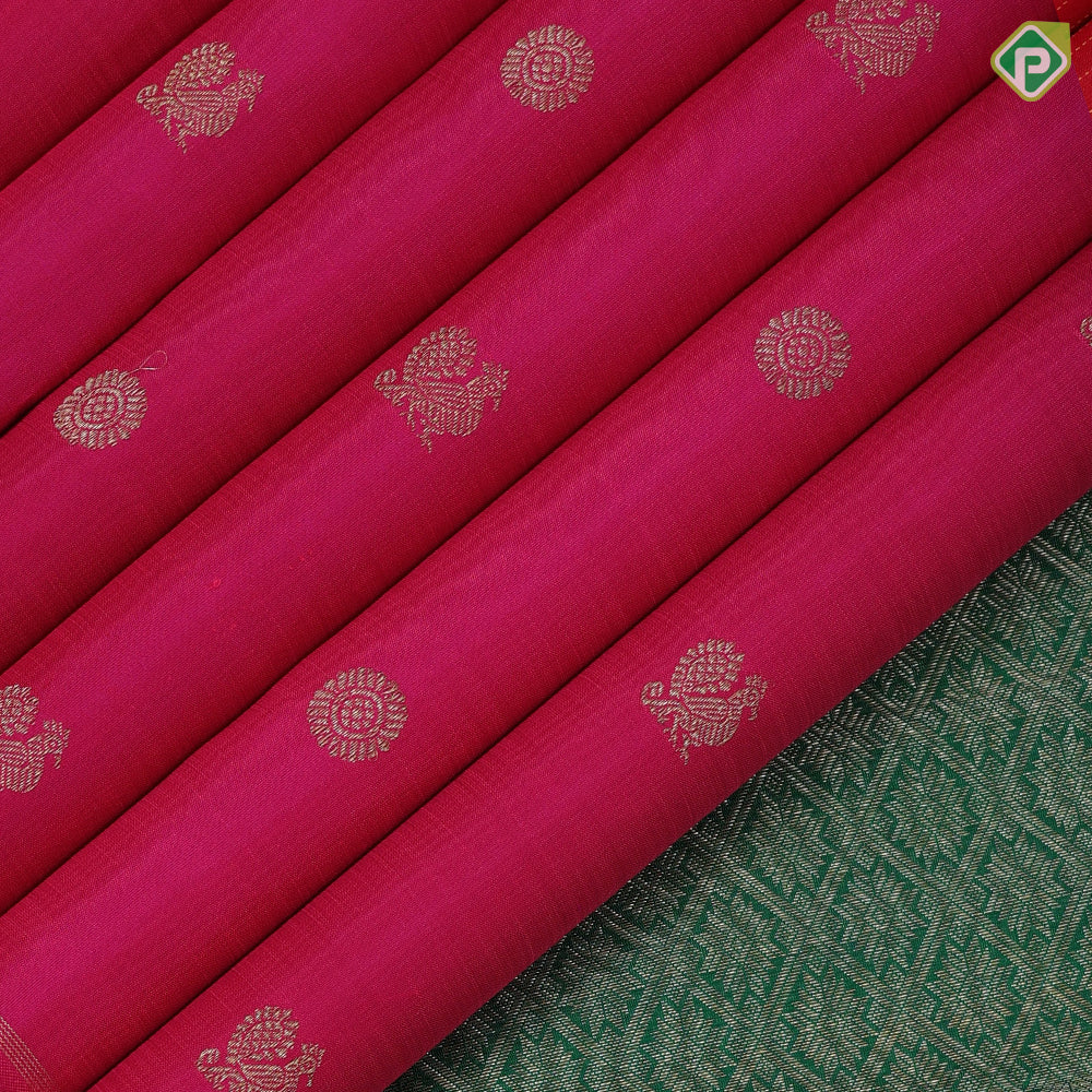 Dark pink gold zari Annam Chakkaram butta motifs design borderless contemporary vintage silk saree