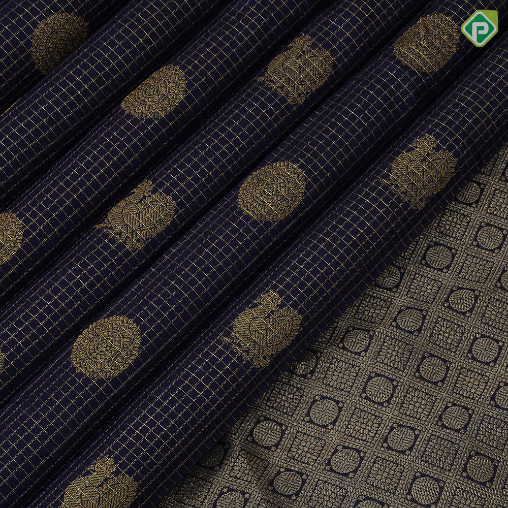 navy Blue gold zari vairaoosi peacock chakkaram self gold zari diamond edge border traditional silk saree