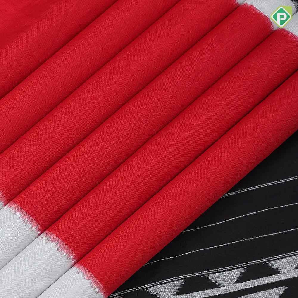 Tricolor three part body design white plain border black pallu concept ikkat design silk saree