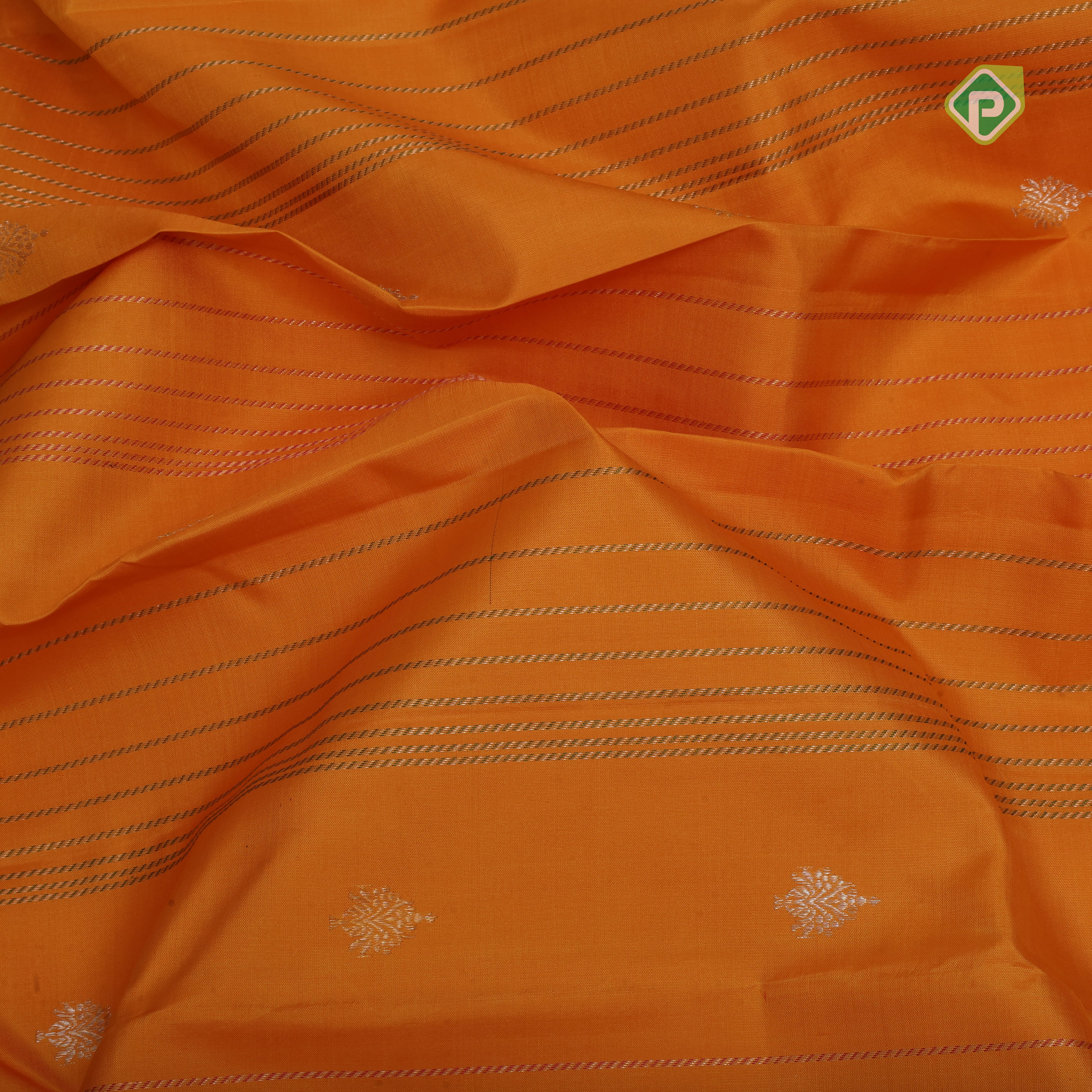 Mango yellow dull gold zari lines and butta design contrast green silver gold zari butta border traditional silk saree