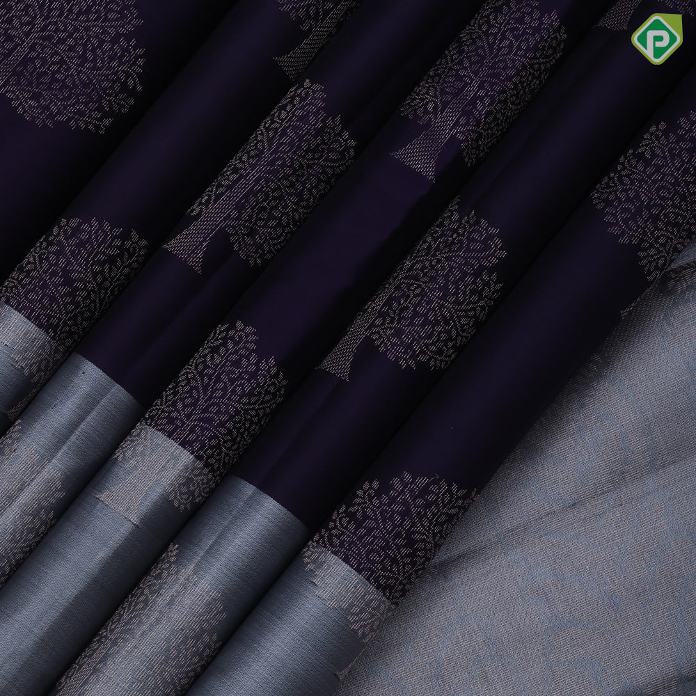 Indigo blue gold zari tree butta grey plain tree butta border trendy designer pure mix silk saree