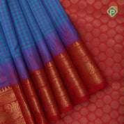 blue base Multi color checked grand pallu red gold zari koorvai temple border silk cotton saree