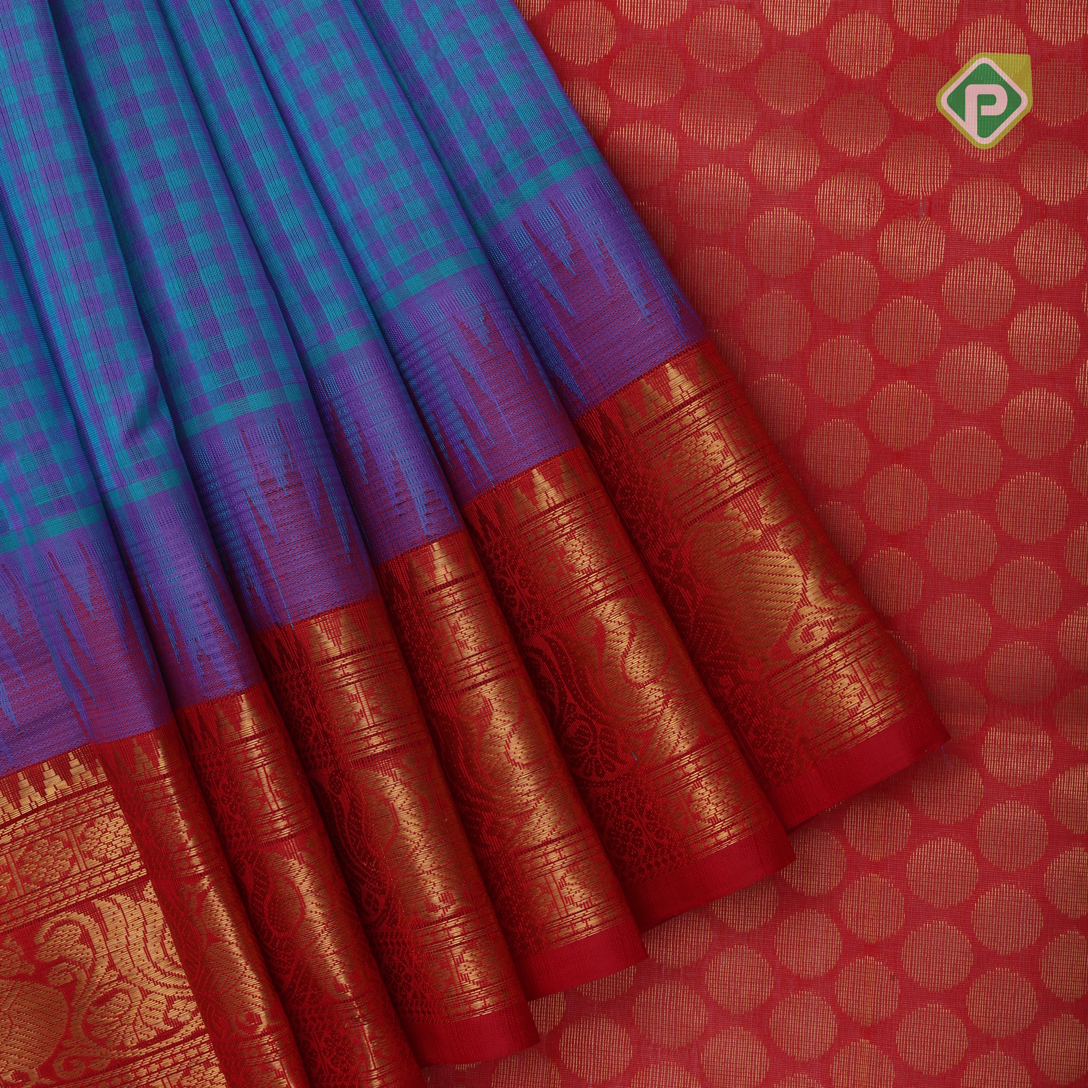 blue base Multi color checked grand pallu red gold zari koorvai temple border silk cotton saree