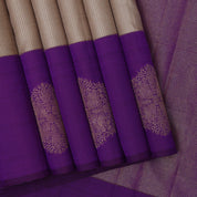 creamy corn silver zari by zari micro checks weaved design purple gold zari self design round butta border trendy designer silk saree