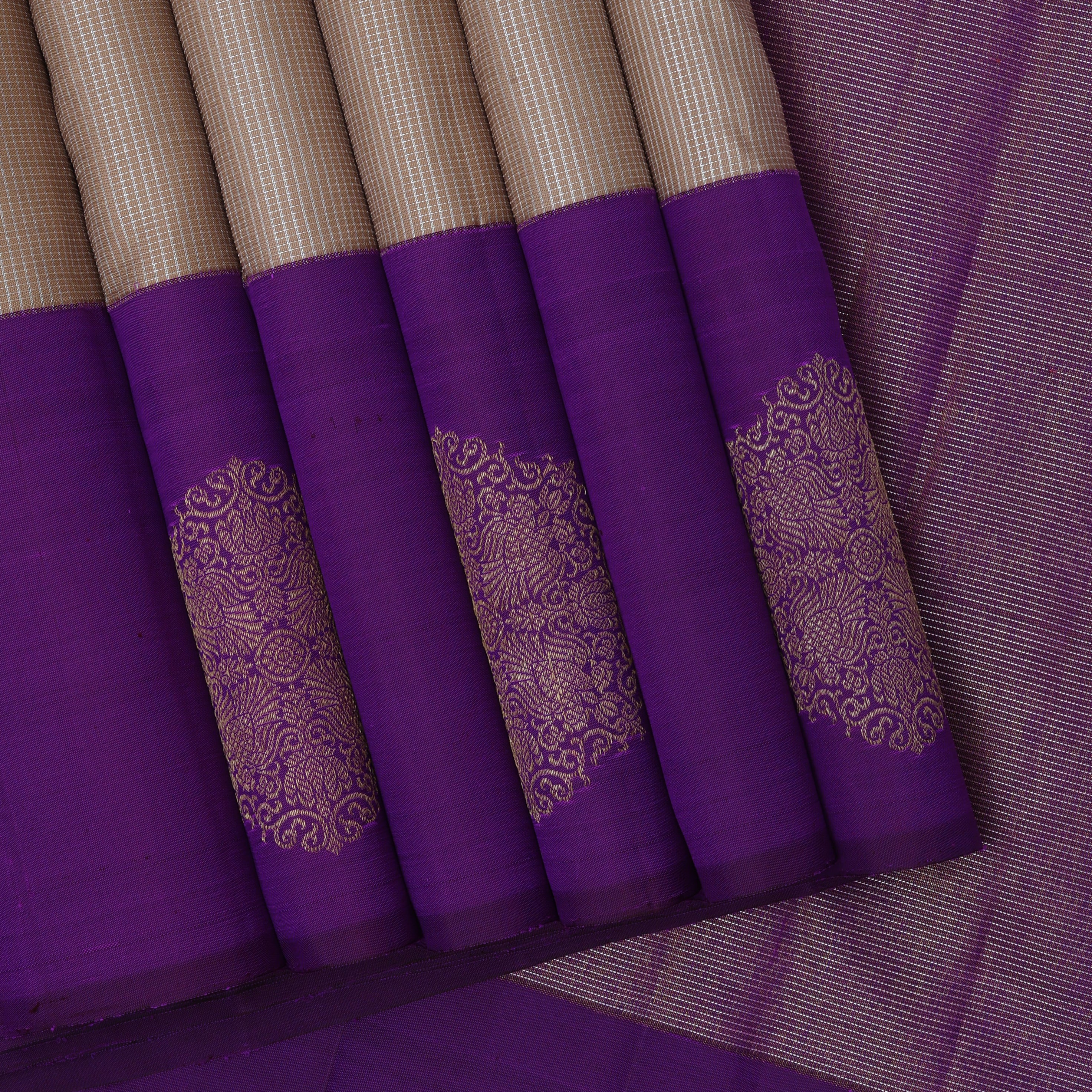 creamy corn silver zari by zari micro checks weaved design purple gold zari self design round butta border trendy designer silk saree