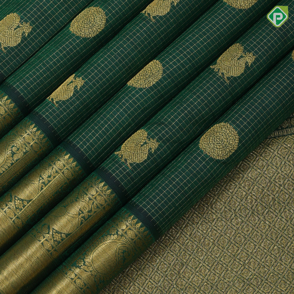 Bottle green gold zari peacock chakkaram butta self gold zari peacock mango butta border traditional silk saree