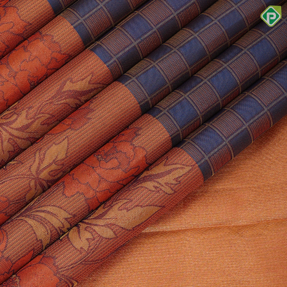 Cool grey honey orange gold zari checks design contrast flowers and leaves border contemporary silk saree