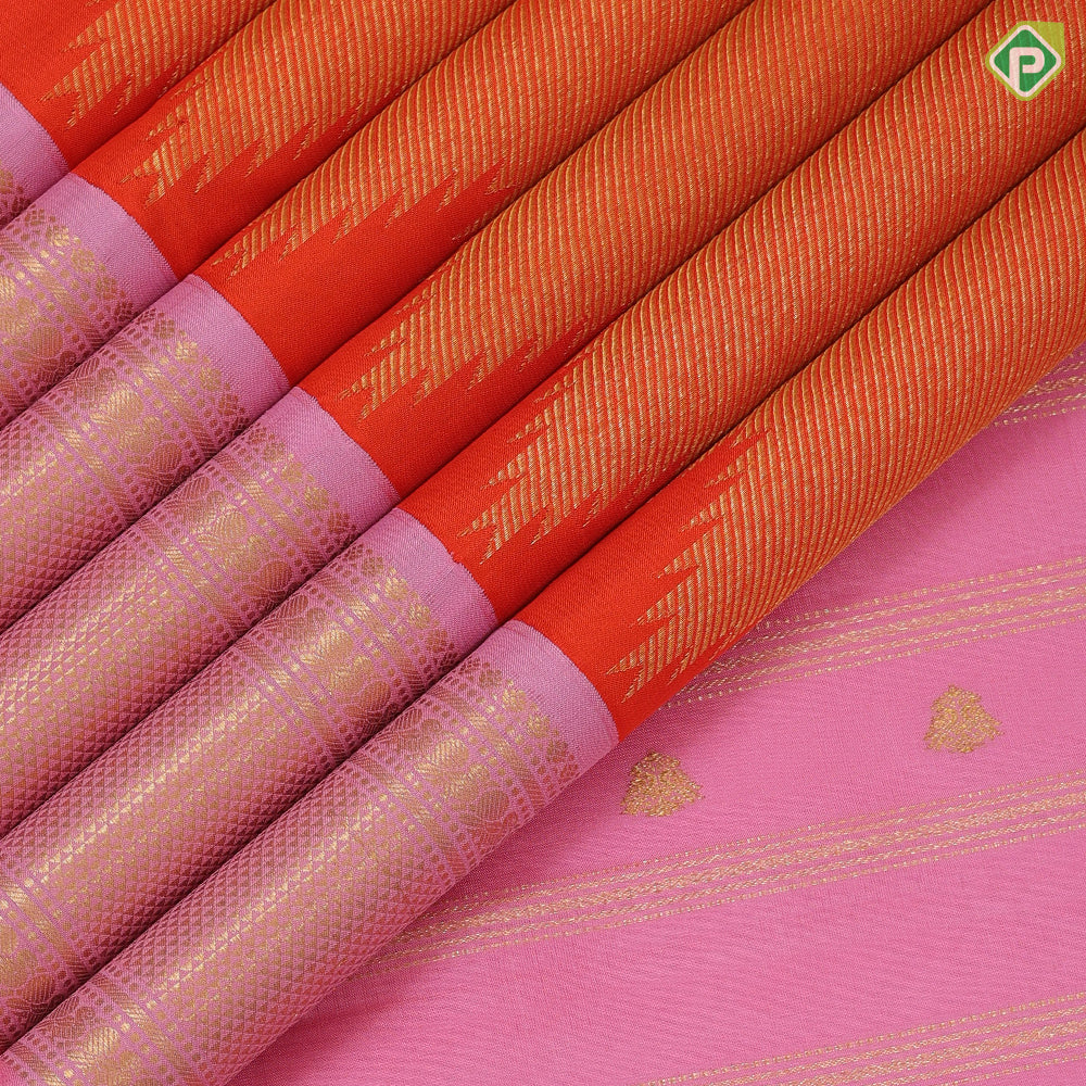 tomato red base gold zari by zari tissue weave temple design candy pink gold zari mayikan border fusion silk saree