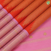 tomato red base gold zari by zari tissue weave temple design candy pink gold zari mayikan border fusion silk saree
