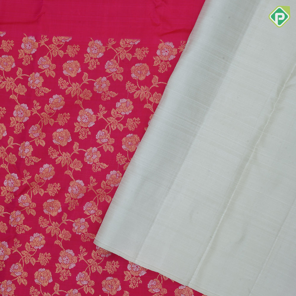 Rani Pink Gold Silver Zari Floral Design Half and Half Border Less Trendy Dsigner Silk Saree