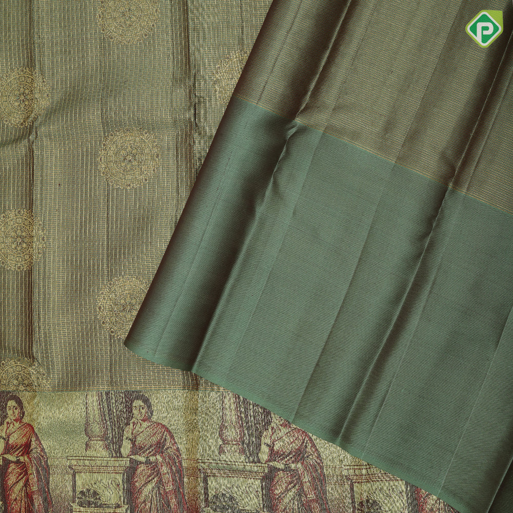 Mint green gold zari kattam checked round butta self thamayanthi stading posture art effect painting signature silk saree