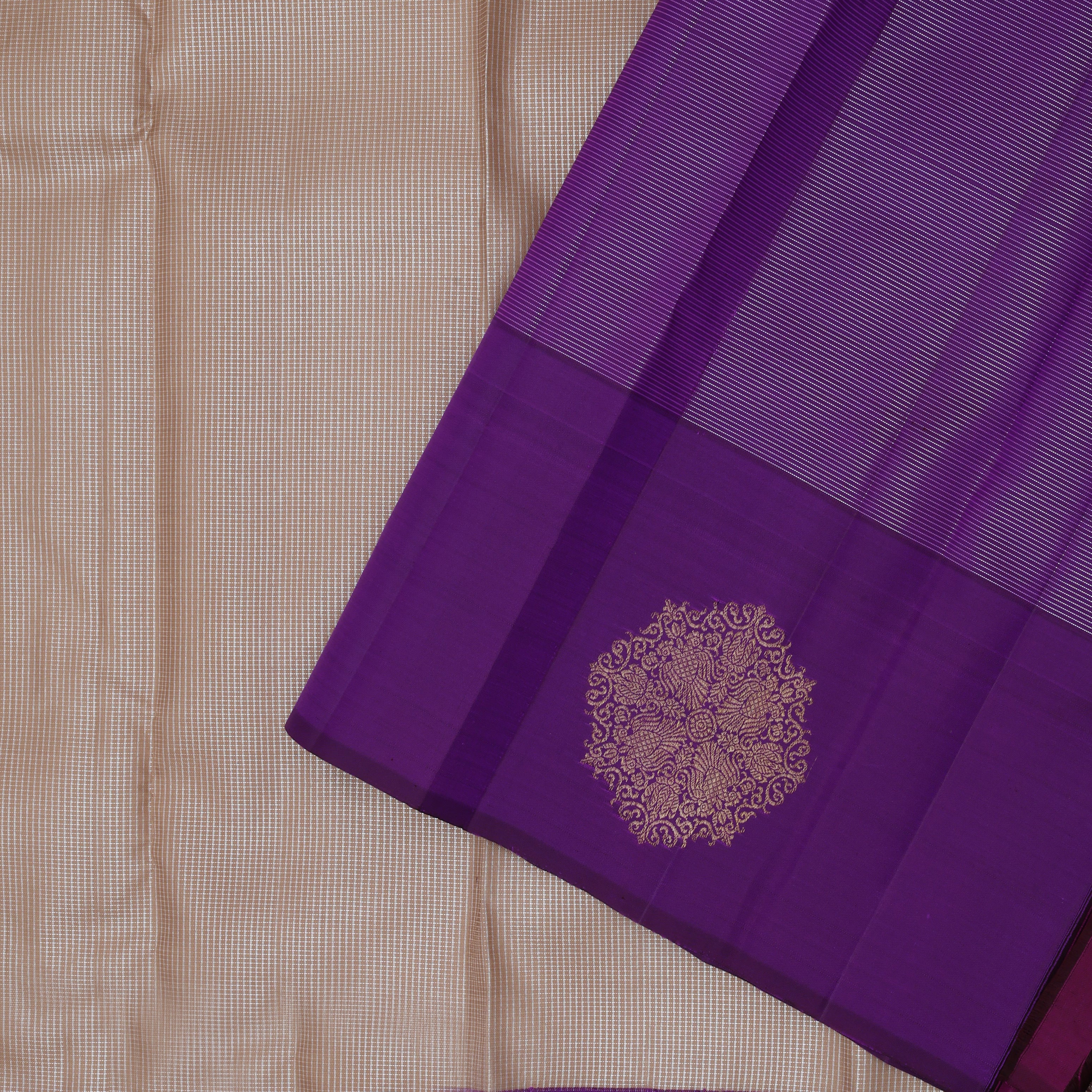 creamy corn silver zari by zari micro checks weaved design purple gold zari self design round butta border trendy designer silk saree