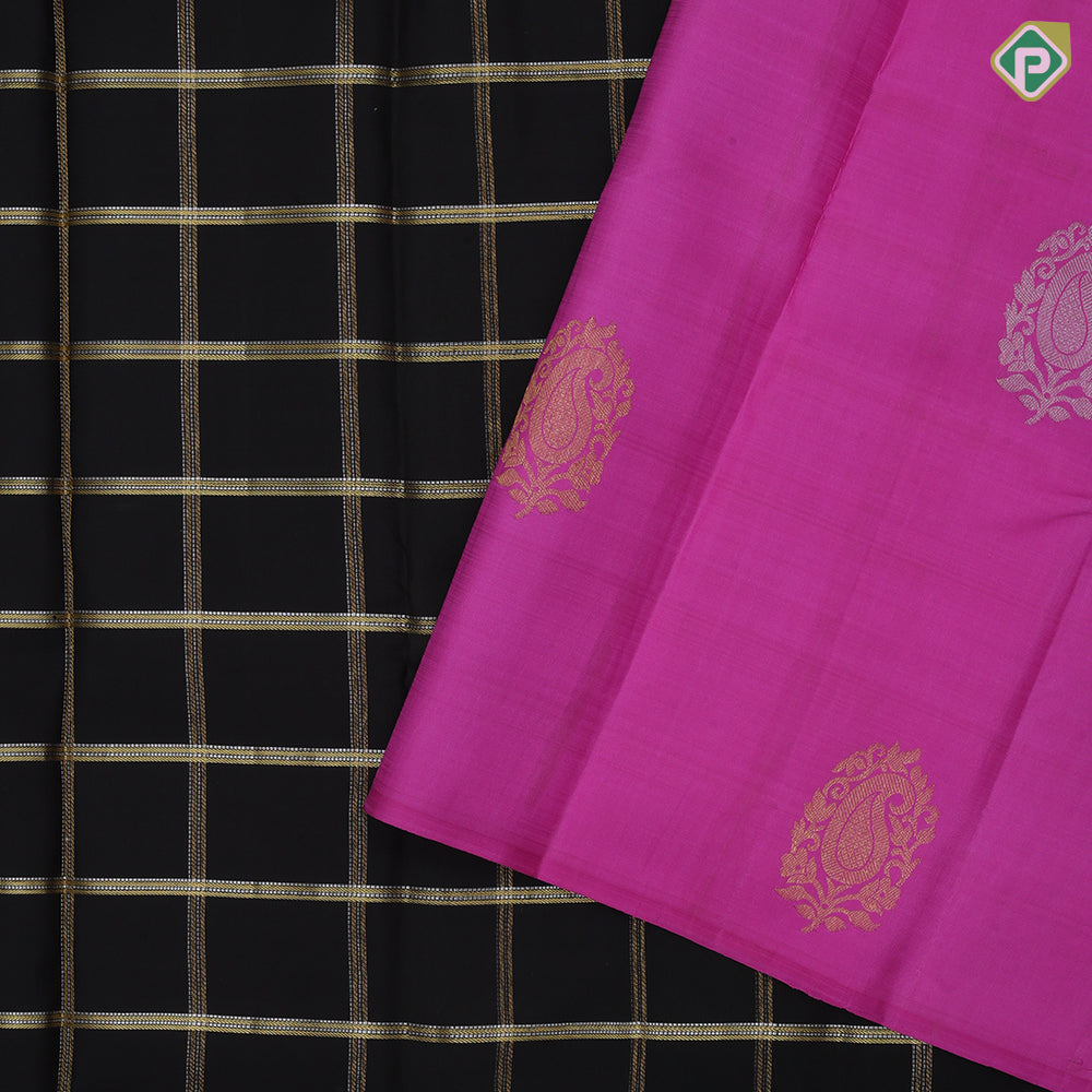 Black Gold Silver Zari Big Checks Edge Magenta Pink Colour Border Design Luxury Black Silk Saree