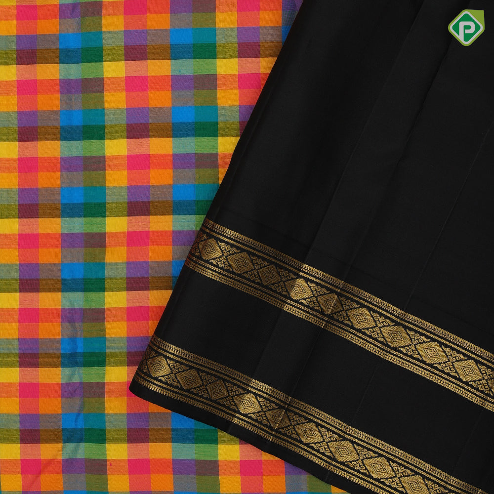 Multi color checks paalum pazhamum kattam luxury black gold zari retta pett border traditional silk saree