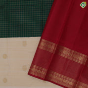 Sandal Wood Gold Zari Chakaram Peacock Bottle Green Checks Design Chilly Red Ruthracham Peacock Border Design Traditional Silk Saree