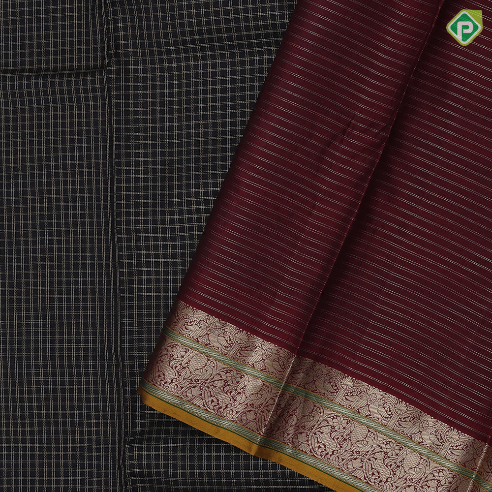 Black Colour Gold Zari Small Checked Design Chilly Red Vanasingaram Border Design Luxury Black Silk Saree