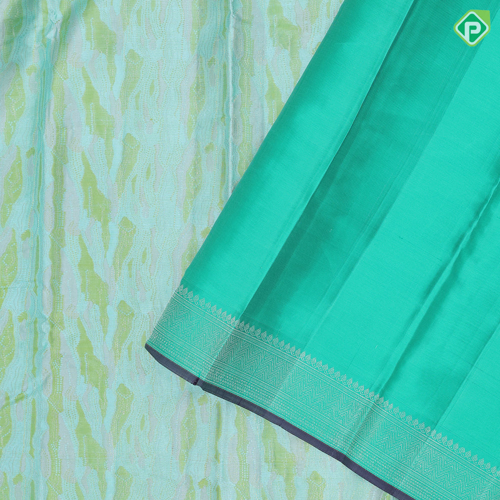 tri color green silver zari chevron grains design peacock green silver zari zig zag border trendy designer silk saree