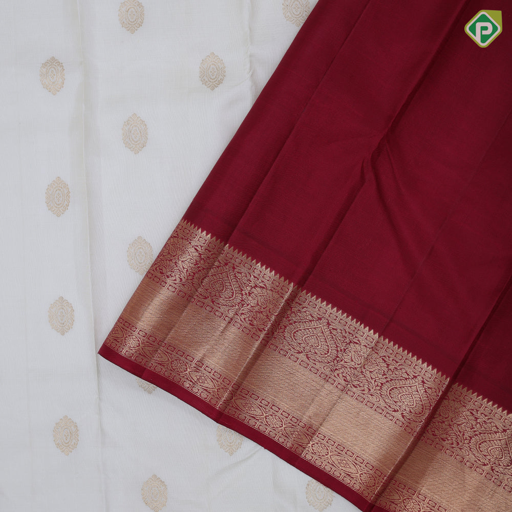 Milk white gold zari over round butta design maroon with gold zari thilagam design border traditional retro silk saree